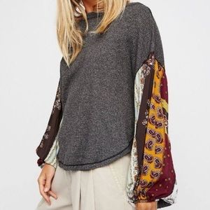 We The Free Multicolor Gray Blossom Bandana Patchwork Sleeve Top